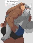  2021 absurd_res anthro blush brown_body butt canid canine canis carrying clothing duo english_text grey_body hi_res hug licking male male/male mammal musclegut text tongue tongue_out underwear ursid vitashi wolf 