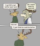  2021 anthro antlers beastars bovid brown_body brown_eyes brown_fur caprine cervid clothed clothing comic dall_sheep dialogue duo english_text fur hair hi_res horn humor louis_(beastars) male mammal open_mouth pina_(beastars) sheep simple_background speech_bubble text yatewilliams 