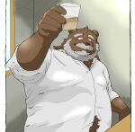  2021 alcohol anthro beard beer belly beverage clothing facial_hair hi_res humanoid_hands kemono male mammal mature_male mustache overweight overweight_male shirt sitting solo topwear ursid yanununununu 