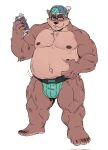  2021 anthro bearwivme belly brown_body bulge can clothing container eyewear glasses hat headgear headwear hi_res humanoid_hands kemono male mammal musclegut nipples overweight overweight_male simple_background solo underwear ursid white_background 