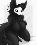  2021 ? absurd_res aleak_r anthro big_breasts breast_grab breasts changed_(video_game) clothed clothing crossgender female fluffy fluffy_tail fur glowing glowing_eyes hand_on_breast hi_res kneeling looking_at_viewer monochrome mtf_crossgender narrowed_eyes neck_tuft panties partially_clothed pose puro_(changed) rubber solo topless tuft underwear video_games 