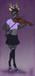  2021 5_fingers anthro antlers bottomwear bow_(stringed_instrument) bowed_string_instrument brown_eyes cervid clothed clothing cropped_tank_top crossdressing digital_media_(artwork) fingers fully_clothed girly hi_res hooved_fingers hooves horn legwear lichfang male mammal musical_instrument navel purple_fingernails purple_hooves skirt smile solo stockings string_instrument unguligrade_anthro violin yellow_sclera 