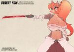  anthro big_breasts breasts brown_body brown_fur canid canine chest_wraps cleavage clothed clothing english_text female fox fur hair holding_object holding_sword holding_weapon long_hair looking_aside mammal melee_weapon midriff orange_eyes orange_hair ponytail sagestrike2_(artist) shirtless simple_background solo sword text url watermark weapon wraps wrist_wraps 
