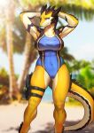  absurd_res anthro big_breasts black_body black_scales blue_eyes blurred_background breasts camel_toe clothing digital_media_(artwork) eyelashes female gun handgun hands_behind_head hi_res holster horn lizard one-piece_swimsuit outside pgm300 pistol ranged_weapon reptile scales scalie shaded solo swimwear tan_body tan_scales weapon yellow_body yellow_scales 