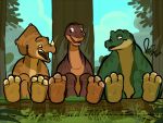  3_toes 4:3 anthro barefoot benj24 brontosaurus cera_(the_land_before_time) ceratopsian claws countershade_feet countershading dinosaur diplodocid don_bluth feet feet_up female foot_focus forest littlefoot looking_at_another male ornithischian paws plant reptile sauropod scalie smile soles spike_(the_land_before_time) the_land_before_time toe_claws toes tree triceratops 