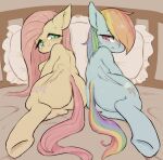  2020 91o42 bed big_butt blue_body blush butt cutie_mark duo equid equine feathered_wings feathers female fluttershy_(mlp) friendship_is_magic furniture green_eyes hasbro hi_res looking_at_viewer mammal my_little_pony nude on_bed open_mouth pegasus pink_eyes presenting presenting_hindquarters rainbow_dash_(mlp) smile wide_hips wings yellow_body 