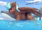  blush clothing cutie_mark dialogue equid equine fan_character hasbro hi_res horse inflatable male mammal my_little_pony outside pegasus pony pool_toy shy snowstormbat solo speedo swimming_pool swimwear water wings 