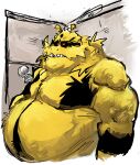  2021 anthro aokmaidu black_body black_fur chest_tuft colored detailed_background digital_drawing_(artwork) digital_media_(artwork) electivire fur half-length_portrait inside light male multicolored_body multicolored_fur nintendo nude_male obese obese_anthro obese_male orange_eyes overweight overweight_anthro overweight_male pok&eacute;mon pok&eacute;mon_(species) pok&eacute;morph portrait shaded sharp_teeth shower shower_head side_view teeth toony tuft two_tone_body two_tone_fur video_games yellow_body yellow_fur 