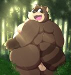  2021 anthro backsack balls belly brown_body brown_fur butt canid canine cute_fangs detailed_background fur genitals hi_res kemono kusosensei male mammal moobs outside overweight overweight_male plant raccoon_dog solo tanuki tree 
