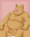  2021 anthro balls belly blush brown_body censored geld_(that_time_i_got_reincarnated_as_a_slime) genitals hi_res humanoid_genitalia humanoid_penis kemono male mammal moobs nipples overweight overweight_male penis simple_background sitting snow_utamaru solo suid suina sus_(pig) that_time_i_got_reincarnated_as_a_slime wild_boar 