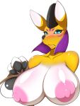  3:4 anthro bandai_namco big_breasts black_sclera blue_eyes blush breasts canid canine digimon digimon_(species) female hi_res kemojin mammal nipples solo taomon 