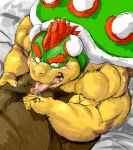  2015 anthro barazoku bed belly biceps big_belly blush bodily_fluids bowser cum cum_in_mouth cum_inside drooling duo edit eyebrows fellatio flaccid furniture genital_fluids genitals hair handjob horn humanoid_genitalia humanoid_penis japanese_text kemono koopa kotobuki looking_at_viewer male male/male mario_bros mohawk muscular muscular_male nintendo obese oral overweight penile penis precum red_hair saliva scalie sex shell spiked_shell spikes spikes_(anatomy) text thick_eyebrows uncensored video_games 