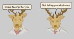  2021 anthro antlers beastars brown_body brown_fur cervid clothed clothing dialogue english_text fur hi_res horn humor louis_(beastars) male mammal necktie simple_background solo speech_bubble text yatewilliams 