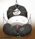 2021 96panda anal anal_penetration anthro anus balls belly big_belly black_body black_nose blush bodily_fluids bound butt chain chained dreamworks erection genitals giant_panda hi_res humanoid_genitalia humanoid_penis kemono kung_fu_panda male mammal master_po_ping navel overweight overweight_male penetration penis scar solo sweat ursid white_body 