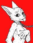  4_fingers anthro big_ears black_and_white bodily_fluids breasts canid canine chain chain_leash collar covering covering_breasts female fingers fox helregin hi_res leash mammal monochrome nude saliva slave slave_collar solo tongue tongue_out whiskers 