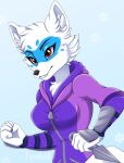  2021 5_fingers alopex anthro arctic_fox armor canid canine clothed clothing facial_markings fangs female feneksia fingers fox fur head_markings hi_res holding_object holding_weapon inner_ear_fluff mammal markings signature solo teenage_mutant_ninja_turtles tuft weapon white_body white_fur 