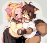  anthro canid canine cheek_to_cheek chubby_female clothed clothing domestic_pig duo female female/female hand_holding hi_res looking_at_viewer mammal oseron raccoon_dog slightly_chubby suid suina sus_(pig) tanuki 