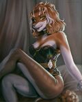  4:5 anthro breasts brown_body brown_fur brown_hair canid canine cleavage clothed clothing crossed_legs female fur hair lazyollie mammal sitting solo white_body white_fur 