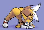  &lt;3 18 2_tails anthro ass_up big_butt blue_eyes butt canid canine clothing dipstick_tail footwear fox fur gloves handwear hi_res jack-o&#039;_pose male mammal meme miles_prower mostly_nude multi_tail multicolored_tail pose sega shoes simple_background solo sonic_the_hedgehog_(series) taillove_(artist) wide_hips yellow_body yellow_fur 