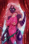  anthro breasts female genitals hair lazyollie liatris nipple_chain non-mammal_breasts pink_body pink_hair pupils purple_body pussy reptile scalie slit_pupils snake solo 