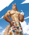 abs anthro beverage biceps canid canine clothing detailed_background fur hi_res maiyabuhantang male mammal muscular muscular_anthro muscular_male nipples pecs sky solo swimwear 