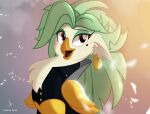  anthro avian bird captain_celaeno_(mlp) chest_tuft clothing ear_piercing ear_ring friendship_is_magic green_hair hair hasbro hi_res my_little_pony my_little_pony:_the_movie_(2017) parrot piercing red_eyes shoulder_guards tuft widescreen zidanemina 
