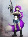  abluedeer anthro boots bottomwear breasts canid canine clothed clothing digital_media_(artwork) dipstick_tail dreamkeepers female footwear fox fur gloves grey_body grey_fur gun hair handwear hi_res long_hair mammal midriff miri_rodgers multicolored_tail navel purple_eyes purple_hair purple_tail ranged_weapon shaded shirt shorts solo tank_top the_wayward_astronomer topwear weapon 