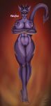  2_horns accessory anthro areola big_breasts breasts curvy_figure demon ear_piercing ears_up fangs feet female g4rron genitals hi_res horn humanoid_feet multicolored_body navel nimpha_(g4rron) nipples piercing purple_body purple_nipples pussy red_eyes solo spade_tail two_tone_body voluptuous 
