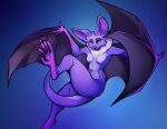  absurd_res anthro bat_wings big_ears black_membrane black_wings breasts chiropteran claws countershading eyebrows fangs feet female flying gradient_background hi_res long_tail mammal membrane_(anatomy) membranous_wings neck_tuft open_mouth prehensile_feet purple_body purple_claws purple_ears purple_eyes sharp_teeth simple_background small_breasts smile solo teeth tuft winged_arms wings xzorgothoth 