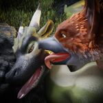  1:1 3d_(artwork) ascaniololololol avian bodily_fluids digital_media_(artwork) dragon duo feathers female feral fur gryphon gryphon_(untied_verbeger) hi_res licking male male/female mythological_avian mythology open_mouth scalie tongue tongue_out unconscious 