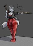  2021 anthro artist_name big_breasts blue_eyes bodysuit breasts canid canine canis cleavage clothed clothing curvy_figure digital_media_(artwork) duase eyelashes female fingers fur grey_background hair hi_res high_heels hourglass_figure huge_breasts inner_ear_fluff jacket looking_aside mammal ranged_weapon rasa_(duase) rocket_launcher simple_background skinsuit solo thick_thighs tight_clothing topwear tuft voluptuous weapon white_body white_fur white_hair wide_hips wolf 