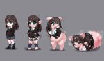  2016 black_hair bond_dayo bottomwear chibi clothing domestic_pig ear_piercing female footwear green_eyes grey_background growth hair hand_in_pocket hi_res hooves human mammal piercing pockets sequence shoes simple_background skirt socks solo species_transformation suid suina surprise sus_(pig) tail_growth torn_clothing transformation weight_gain wide_hips 