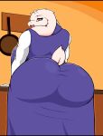  2021 absurd_res anthro big_breasts big_butt black_bars boss_monster bovid breasts butt caprine clothed clothing dress droll3 female fur goat hi_res huge_breasts huge_butt inside letterbox lidded_eyes looking_back mammal muscular muscular_anthro muscular_female open_mouth rear_view solo toriel undertale video_games white_body white_fur 