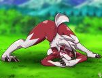  2021 3_fingers 3_toes anthro ass_up blurred_background breasts canid canine claws day feet female finger_claws fingers full-length_portrait fur grass hair jack-o&#039;_pose looking_at_viewer lycanroc mammal meme midnight_lycanroc mu_(pixiv) multicolored_body multicolored_fur nintendo nude outside paws plant pok&eacute;mon pok&eacute;mon_(species) portrait pose red_body red_eyes red_fur sharp_teeth side_boob signature solo spread_legs spreading teeth toe_claws toes tongue tongue_out two_tone_body two_tone_fur video_games white_body white_fur white_hair 
