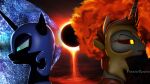  16:9 3d_(artwork) angry daybreaker_(mlp) digital_media_(artwork) duo eclipse equid equine ethereal_hair fanatic-heretic-101 female feral fire flaming_hair friendship_is_magic hasbro hi_res horn mammal my_little_pony nightmare_moon_(mlp) pseudo_hair side_by_side widescreen winged_unicorn wings 