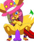  abdominal_bulge anthro appmon_(species) areola bandai_namco bell bell_collar blue_eyes blush bodily_fluids bouncing_breasts breasts claws clitoris clothed clothing collar digimon digimon_(species) dildo dildo_in_pussy dildo_insertion dildo_sitting dipstick_tail effecmon fangs felid female fluffy fluffy_tail fur genital_fluids genitals gloves hair hair_over_eye hand_on_hat handwear hat headgear headwear hi_res licking licking_lips mammal masturbation multicolored_tail navel nipple_piercing nipples one_eye_obstructed pants_around_one_leg partially_clothed penetration piercing pink_hair pussy pussy_juice sex_toy sex_toy_in_pussy sex_toy_insertion star_pupils tansau thick_thighs tongue tongue_out topwear vaginal vaginal_masturbation vaginal_penetration vest yellow_body yellow_fur 