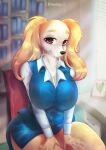  anthro bedroom_eyes big_breasts blonde_hair breasts canid canine clothing costume curvy_figure female hair hi_res huge_breasts inui_(aggressive_retsuko) invalid_tag kiwanoni mammal narrowed_eyes office seductive smile solo thick_thighs 