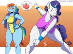  absurd_res anthro anthrofied beowulf100 big_breasts blue_body blush bodily_fluids breasts clothed clothing duo equid equine exercise female friendship_is_magic hand_on_hip hi_res horn mammal my_little_pony nipple_outline rainbow_dash_(mlp) rarity_(mlp) sweat unicorn white_body 