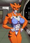  2019 abs alien anthro appoplexian ben_10 big_breasts breasts cartoon_network cleavage clothed clothing detailed_background dialogue english_text felid female gwen_tennyson hi_res mammal muscular muscular_anthro muscular_female nipple_outline orange_body paulundead33 portrait rath_(ben_10) solo standing text three-quarter_portrait 