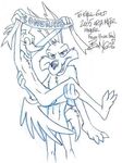  2005 anthro avian banner beak bird canine chest_tuft coyote duo fangs feathers fur gay grin gripping holding interspecies legs_up loonatics_unleashed male mammal nude open_mouth pose rev_runner sketch smile tech_e_coyote teeth tuft 