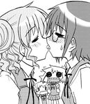  blush chibi chibi_inset closed_eyes french_kiss greyscale hidamari_sketch hiro kairakuen_umenoka kiss miyako monochrome multiple_girls open_mouth sae school_uniform solid_circle_eyes surprised sweat teeth tongue wide_face yuno yuri ||_|| 