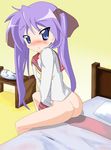  bed blush bottomless hiiragi_kagami kagami_hiiragi long_hair lucky_star no_panties purple_eyes purple_hair twin_tails twintails 