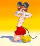  animal_ears back bare_back brown_hair closed_eyes cosplay disney fake_animal_ears gloves kneeling maruchiro mickey_mouse mickey_mouse_(cosplay) nipples shadow shorts smile solo tail tears topless 