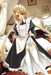  ahoge artist_request bed blonde_hair blush garter_belt garters green_eyes maid panties polka_(trusty_bell) solo thighhighs trusty_bell twintails underwear window 