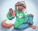  2020 anthro beverage beverage_can brown_body brown_fur canid canine canis claws clothing domestic_dog fangs female finger_claws fur green_eyes hand_on_knee hand_on_leg hi_res hoodie lime_(kemari) looking_at_viewer mammal open_mouth open_smile sitting smile soda solo topwear waffl3sk4t 