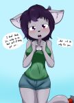  2018 anthro becca_(sandwich-anomaly) big_breasts blue_background blush bottomwear breasts canid canine cleavage clothed clothing dialogue digital_media_(artwork) english_text eyelashes female fingers fox fur grey_body grey_fur hair hi_res highlights_(coloring) huge_breasts inner_ear_fluff kneeling looking_at_viewer mammal multicolored_body multicolored_fur multicolored_hair purple_eyes purple_hair purple_highlights sandwich-anomaly shirt shorts simple_background solo talking_to_viewer tank_top teeth text tongue topwear tuft 