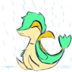  1:1 ambiguous_gender anthro eyes_closed fluffy green_body hi_res markings_(fur) nintendo one_eye_obstructed pok&eacute;mon pok&eacute;mon_(species) raining reptile scalie simple_background snivy snoiifoxxo solo tan_body video_games white_background 