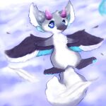  1:1 ambiguous_gender anthro black_body black_fur blue_eyes blue_pawpads blue_sclera dragon feathered_dragon feathers fluffy fluffy_tail fur furred_dragon hi_res horn hybrid markings_(fur) pawpads paws simple_background smile snoiifoxxo solo spread_wings tuft white_body white_fur wings 