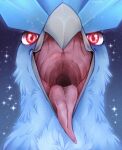  2021 ambiguous_gender articuno avian beak bird blue_body blue_feathers detailed digital_media_(artwork) feathered_crest feathers feral front_view gaping_mouth grey_beak head_crest hi_res legendary_pok&eacute;mon looking_at_viewer mouth_shot nintendo open_beak open_mouth pink_tongue pok&eacute;mon pok&eacute;mon_(species) red_eyes santanahoffman shaded solo sparkles sparkling_eyes throat tongue tongue_out video_games 