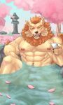  2021 3:5 5_fingers abs anthro asian_mythology balls bathing beverage biceps casual_nudity cherry_blossom cherry_blossom_tree cherry_tree claws detailed_background east_asian_mythology elbow_fur eyebrows eyes_closed fingers foo_dog foreskin fruit_tree fur genitals glans hair hi_res holding_beverage holding_object hot_spring humanoid_hands japanese_mythology komainu male mammal muscular muscular_anthro muscular_male muscular_thighs mythology navel nipples nude onsen open_mouth open_smile orange_eyes orange_hair orange_pubes orange_tail partially_submerged pecs penis plant red_glans sakura sdorica skinny_dipping smile solo tan_body tan_fur thick_eyebrows toyokuni tree water weedwolf yōkai 